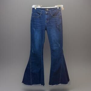 Lucky And Blessed Bell Bottom Jeans L&B Mid Rise Dark Wash Raw Hem Denim Size 4